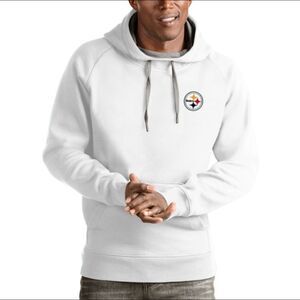 Antigua Steelers Logo Victory Pullover Hoodie, White, Logo is silver/black L NWT